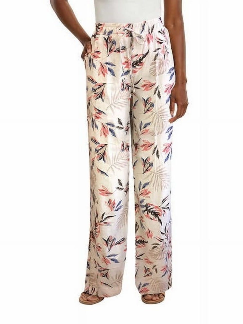 Briggs New York Cream Floral Wide-Leg Pants with Pink & Blue Leaves